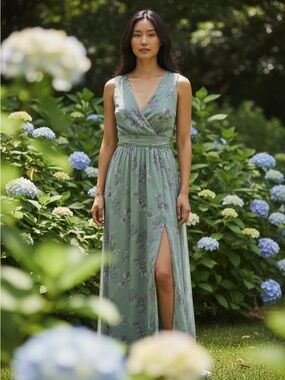 Lulu's Sz Small Sage Green Floral Maxi Dress with V-Neck and Thigh Slit